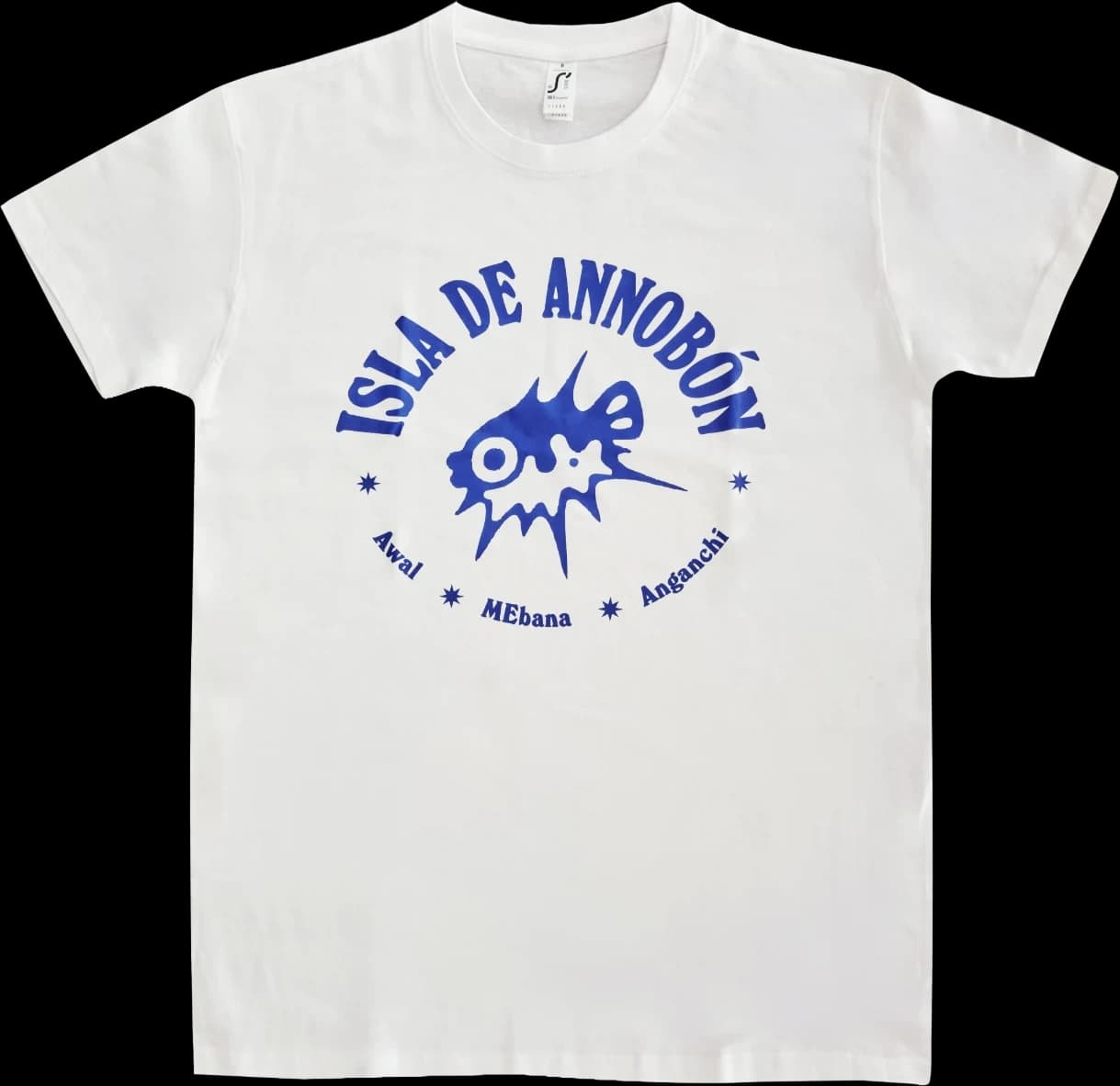 Camiseta blanca Pufferfish con el pez globo azul y el texto «Isla de Annobón»